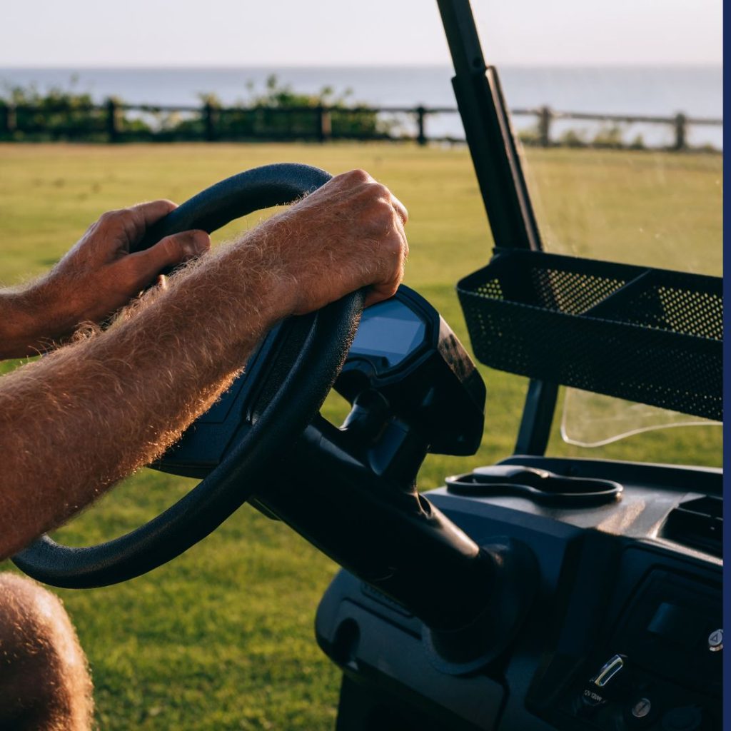 person holding the steering wheel of golf cart